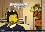 2018 anthro breasts broken_horn brother_(lore) brothers_(lore) brown_body brown_hair brown_scales clothed clothing comic dialogue dragon duo ear_fins english_text fin hair herm horn intersex living_room male mythological_creature mythological_scalie mythology naughtymorg non-mammal_breasts patreon patreon_logo sarah_(naughtymorg) scales scalie shirt sibling_(lore) signature speech_bubble stuart_(naughtymorg) text topwear url yellow_body yellow_scales