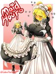 absurd_res ambiguous_gender apron big_breasts black_clothing black_dress blush border breasts chiyo_(morbidlycutecrunch) clothing dress duo english_text female female_focus goo_creature goo_humanoid grey_hands half-closed_eyes heart_eyes heart_symbol hi_res humanoid maid_uniform morbidlycutecrunch narrowed_eyes not_furry red_eyes solo_focus standing text uniform white_border yellow_body