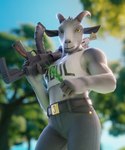 3d_(artwork) 5:6 anthro belt belt_buckle bottomwear bovid buckle caprine clothing coffee_stain_studios crop_top denim denim_bottomwear denim_clothing digital_media_(artwork) ear_piercing ear_tag epic_games female fortnite fur goat goat_simulator grey_body grey_fur gun hi_res holding_object holding_plant holding_ranged_weapon holding_weapon horizontal_pupils horn jeans looking_at_viewer mammal muscular muscular_anthro muscular_female night_striker21 pants piercing pilgor_(goat_simulator) pupils ranged_weapon rifle shirt solo text text_on_clothing topwear weapon yellow_eyes