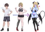 2024 big_breasts blonde_hair blue_body bottomwear breast_growth breasts brown_hair clothing demon demon_humanoid digital_media_(artwork) electronics female footwear gender_transformation growth hair heart_symbol hi_res high_heels holding_object holding_phone human human_to_humanoid humanoid japanese_text legwear looking_at_viewer male mammal membrane_(anatomy) membranous_wings mtf_transformation navel not_furry phone pink_eyes red_clothing red_footwear red_high_heels sequence shirt shoes shorts simple_background solo spade_tail species_transformation stockings tail tail_growth text topwear transformation vuaisu white_background white_clothing white_shirt white_topwear wing_growth wings womb_tattoo