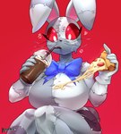 anthro bent_whiskers beverage big_breasts bow_(feature) breasts bunnemilk container cross-popping_vein cup digital_media_(artwork) drinking fabric_creature female five_nights_at_freddy's floppy_ears food food_on_breasts frustrated hi_res holding_container holding_cup holding_food holding_object lagomorph leporid looking_down mammal milkshake pizza rabbit red_sclera scottgames sitting solo stitch_(sewing) vanny_(fnaf) whiskers white_eyes