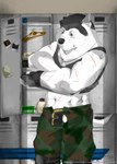 absurd_res anthro army bodily_fluids bottomwear bulge canid canine canis clothing detailed_bulge domestic_dog drago-kun hi_res male mammal military muscular pants photo scar slip_(disambiguation) solo sweat