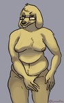 annoyed anthro canid canine canis covering covering_crotch covering_self domestic_dog eyewear fur glasses hi_res looking_away luminared male mammal moobs nude overweight overweight_male slightly_chubby solo thick_thighs yellow_body yellow_fur