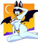 2024 absurd_res anthro bat big_breasts bikini bikini_thong blonde_highlights bob_cut breasts choker clothing eyelashes feet female glistening glistening_body glistening_breasts hair hi_res highlights_(coloring) jewelry kneeling mammal membrane_(anatomy) membranous_wings navel necklace open_mouth open_smile pattern_bikini pattern_clothing pattern_swimwear purple_hair ravagaard short_hair smile solo swimwear two-piece_swimsuit under_boob white_body wings yellow_bikini yellow_clothing yellow_eyes yellow_swimwear