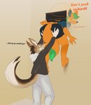 absurd_res anthro butt canid canine canis casey_(dmb) clothed clothing dialogue duo english_text fur green_hair hair hand_on_butt harley_(dmb) hi_res holding_partner hybrid jackal lichee male male/male mammal mephitid multicolored_body multicolored_fur orange_body orange_fur pushing skunk text wolf