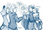 2018 :3 adobe_photoshop_(artwork) anthro armor blue_and_white cape clothed clothing conditional_dnp daniels_(twokinds) dialogue digital_media_(artwork) english_text eyes_closed felid female flora_(twokinds) fur group headgear helmet hi_res human keidran male mammal midriff monochrome nervous nuzzling open_mouth pantherine pauldron purring simple_background sketch skimpy smile striped_body striped_fur stripes surprise text therie_sah-van tiger tom_fischbach trace_legacy twokinds white_background