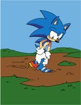 2024 absurd_res anthro blue_body blue_fur border clothing eulipotyphlan feet footwear fur gloves grass green_eyes handwear hedgehog hi_res looking_down male mammal mud paws plant pulling_leg quills_(anatomy) sandals sega shoes sky solo sonic_the_hedgehog sonic_the_hedgehog_(series) stuck_in_mud tail tracy_yardley white_border white_clothing white_gloves white_handwear