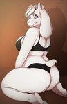 absurd_res anthro big_breasts big_butt blue_eyes boss_monster_(undertale) bovid bra breasts butt caprine clothed clothing english_text female fur goat hair hi_res horn kneeling long_ears looking_at_viewer mammal mature_female panties poptart_paints rear_view short_tail solo tail text toriel undertale_(series) underwear white_body white_fur white_hair