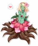 accessory alraune amber_eyes blonde_hair breasts elemental_creature european_mythology female flora_fauna flower flower_in_hair green_body green_skin hair hair_accessory heart_symbol humanoid looking_at_viewer monster_girl_(genre) mythology navel petals plant ringo_yuyu simple_background solo split_form white_background