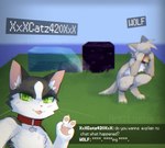 2024 ambiguous_gender anthro black_body black_fur block cat_(minecraft) collar collar_only detailed_background digital_drawing_(artwork) digital_media_(artwork) duo english_text fur gesture grass green_eyes grey_body grey_fur hand_gesture looking_at_viewer luxx microsoft minecraft mojang nude pale_wolf_(minecraft) pawpads pink_pawpads plant text v_sign water white_body white_fur wolf_(minecraft) xbox_game_studios