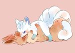 2019 alolan_form alolan_vulpix ambiguous/ambiguous ambiguous_gender blue_eyes blush bodily_fluids brown_body brown_fur duo eevee entwined_tails feral flustered fur generation_1_pokemon generation_7_pokemon genital_fluids hi_res leg_markings lying lying_on_another lying_on_ground mammal markings nintendo on_back on_ground open_mouth pokemon pokemon_(species) regional_form_(pokemon) sex simple_background socks_(marking) tail tail_coil tongue tongue_out white_body white_fur xuexiamaoyaozi