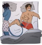 athletic athletic_male bed blue_body blue_skin boxers_(clothing) boxers_only clothed clothing demon demon_humanoid duo furniture heart_boxers heart_clothing heart_symbol heart_underwear hi_res human humanoid itsnottobb kicking_another lying male mammal on_back on_bed on_side red_boxers red_clothing red_underwear spade_tail tail topless underwear underwear_only