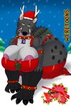 alligator alligatorid alythewolfcat anthro big_breasts big_butt breasts butt candy candy_cane canid canine canis christmas christmas_clothing christmas_headwear clothing collar crocodilian dessert female food hat headgear headwear hi_res holidays holly_(plant) huge_breasts huge_butt hybrid macro magazine_page mammal mistletoe muscular muscular_female pinup plant pose reindeer_antlers reptile ridus_(weretoons) santa_hat scalie solo thick_thighs wide_hips wolf