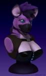 2015 3d_(artwork) anthro black_body black_fur black_hair blue_eyes blue_hair breasts bust_portrait bust_statue cleavage clothed clothing digital_media_(artwork) female fur hair herr_aardy_(character) hyena mammal mane onissarle_(artist) portrait purple_body purple_fur solo striped_hyena topwear vest