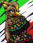 accipitrid accipitriform alicia_(irc) anthro avian big_breasts bird breasts brown_body clothed clothing dress eagle fan_character female golden_eagle hi_res holidays humanoid irc_(artist) mexican mexico one_eye_closed smile smirk solo true_eagle wink yellow_eyes