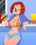 2022 absurd_res aeolus06 anthro beverage bikini bikini_top bottomwear burger canid canine canis clothed clothing condiment_container cropped_jacket cutoffs daisy_dukes debbie_dune denim denim_bottomwear denim_clothing disney domestic_dog eating female food fries goof_troop hi_res hotpants jacket looking_at_viewer mammal one_eye_closed open_clothing open_jacket open_topwear shorts solo swimwear topwear two-piece_swimsuit wink