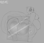 2024 absurd_res anthro belly big_belly big_breasts big_butt bodily_fluids breasts butt digital_media_(artwork) female hi_res huge_butt looking_at_viewer looking_back mammal monochrome muskymei mustelid nude otter overweight overweight_anthro presenting presenting_hindquarters simple_background sketch solo tail text thick_thighs