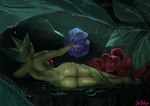 2023 butt female flower generation_3_pokemon green_background green_body hi_res leaf nintendo nude plant pokemon pokemon_(species) raining rear_view rose_(flower) roselia simple_background solo wet wet_body wet_skin yultzr