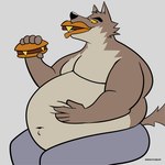 1:1 absurd_res anthro belly belly_grab big_belly burger canid canine canis clothing dreamworks fattytober food hi_res male mammal mindof moobs mr._wolf_(the_bad_guys) obese overweight overweight_male stuffing the_bad_guys tight_clothing weight_gain wolf