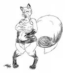 2014 anthro belly_overhang belly_rolls boo3 breast_expansion breasts canid canine clothing digitigrade expansion female fox growth hi_res mammal monochrome muffin_top muffin_top_(bottomwear) nipples potbelly sequence slightly_chubby solo thick_thighs tight_clothing torn_clothing transformation weight_gain wet