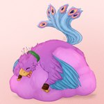 1:1 abdominal_bulge ambiguous_gender ambiguous_prey anthro anthro_prey avian avian_feet beak biped bird blue_body clothing feathered_crest feathered_wings feathers galliform green_eyes gyro_feather head_crest hi_res male male_pred peafowl phasianid pink_body scarf smaller_pred tail tail_feathers tongue tongue_out vore winged_arms wings yoyoi