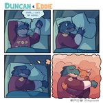 1:1 absurd_res anthro bed bedding blanket blush bovid caprine clothing comic crocodile crocodilian crocodylid doginacafe dream duncan_(doginacafe) duo eddie_(doginacafe) english_text furniture goat hi_res hug hugging_object hugging_pillow male male/male mammal multiple_scenes pillow reptile romantic romantic_couple scalie sleeping sweater text thought_bubble tongue tongue_out topwear