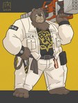 2024 3:4 anthro bear ben_bigger bottomwear brown_body brown_fur chinese_text clothing fur goyemon_k hi_res jacket male mammal mihoyo overweight overweight_male pants simple_background solo text topwear translated zenless_zone_zero