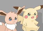 2019 ambiguous_gender blue_eyes brown_body duo eevee front_view generation_1_pokemon get_it_go neck_tuft nintendo open_mouth pikachu pokemon pokemon_(species) red_cheeks sitting tuft yellow_body