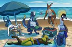 agamid anthro aurelie_spellmire_(character) avian beach beach_chair beach_towel beverage bikini bird bovid caprine chair clothed clothing cloud cooler crane_(bird) crowned_crane domestic_cat dregadude elaine_greaves_(character) electronics eyewear felid feline felis female frilled_lizard furniture grey_crowned_crane group gruiform horizon inflatable inner_tube kangaroo lagomorph leporid lizard lucas_palmer_(character) lying macropod male mammal marsupial naomi_mayeda_(character) olivia_coniglia_(character) on_front panicking phone purse rabbit relaxing reptile running sand scalie sea seaside sheep smile speedo speedo_only sunglasses swimming_trunks swimwear topless towel two-piece_swimsuit umbrella water yelling