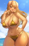 absurd_res anthro big_breasts bikini blush breast_squish breasts canid canine canis cleavage clothed clothing domestic_dog female fur hand_on_hip hi_res kemono kemonoyou looking_at_viewer mammal navel open_mouth solo squish swimwear thick_thighs two-piece_swimsuit water yellow_body yellow_fur