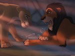 4:3 arm_tuft backlash91 black_claws black_mane bone brown_body brown_fur claws conditional_dnp countershading disney duo elbow_tuft eye_scar facial_scar felid female feral fur green_eyes hi_res lion lying mammal mane orange_eyes pantherine sad sarabi_(the_lion_king) scar scar_(the_lion_king) standing story story_in_description tan_body tan_fur the_lion_king tuft yellow_sclera