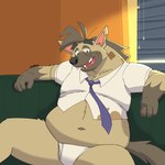 1:1 2024 absurd_res anthro belly big_belly black_nose boss_(twende) brown_body clothing detailed_background furniture hi_res humanoid_hands hyena kemono male mammal mature_male navel necktie nookdae open_mouth overweight overweight_male shirt sitting sofa solo topwear twende_(series) underwear