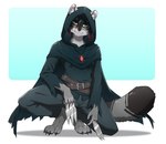 2024 absurd_res anthro belt black_body black_fur black_hair cloak clothed clothing ears_through_headwear female fur green_eyes grey_body grey_fur hair hi_res hood jewelry kneeling knife mammal necklace procyonid putai22 raccoon red_hair solo throwing_knife victoria_(shai_dreamcast)