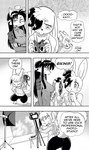 anthro bikini bodily_fluids breasts canid canine clothed clothing comic cookie_(furryfight_chronicles) daigaijin dialogue ellipsis english_text female fox furryfight_chronicles group hi_res kalita_(furryfight_chronicles) lagomorph leporid looking_back lucha_libre_mask mammal mask monochrome muko open_mouth rabbit rear_view rodent sciurid shirt sports_mask sportswear sweat swimwear tank_top text topwear tree_squirrel two-piece_swimsuit wrestling_mask