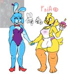 animatronic apron apron_only avian beak bird black_lips bow_accessory breasts bunny_costume chica_(fnaf) chicken clothing costume crossgender duo fazbear_fanverse female female/female fishnet_clothing fishnet_leggings fishnet_legwear five_nights_at_anime five_nights_at_freddy's five_nights_at_freddy's_2 five_nights_at_freddy's_plus footwear galliform gallus_(genus) hand_holding hand_puppet high_heels kissing_cheek lagomorph leggings legwear leporid lips machine mammal mevka_(artist) mostly_nude mtf_crossgender non-mammal_breasts panties phasianid pink_clothing pink_panties pink_underwear rabbit robot scottgames shoes toy_bonnie_(fnaf) underwear