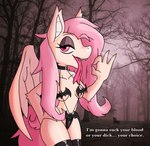 absurd_res anthro batkini bikini choker clothing dialogue english_text equid equine fellatio_gesture female flutterbat_(mlp) fluttershy_(mlp) friendship_is_magic gesture hair hasbro hi_res horse jewelry legwear mammal messy_hair my_little_pony necklace pink_eyes pink_hair ponporio pony solo stockings suggestive suggestive_gesture swimwear text two-piece_swimsuit wings