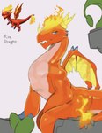 2023 absurd_res anthro blue_eyes butt digital_media_(artwork) dragon dragon_mania_legends english_text fire hi_res horn kogito male membrane_(anatomy) membranous_wings mythological_creature mythological_scalie mythology open_mouth orange_body scalie sitting solo tail tan_body teeth text wings