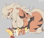 2022 anthro anthro_on_anthro arcanine areola big_breasts black_areola black_nipples braixen breasts canid canine cooliehigh duo female female/female fur generation_1_pokemon generation_6_pokemon grey_background hanging_breasts hi_res huge_breasts larger_anthro larger_female mammal nintendo nipples pinned pinned_arms pinned_to_ground pokemon pokemon_(species) pokemorph simple_background size_difference smaller_anthro yellow_body yellow_fur