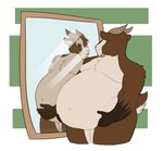 2017 2_horns 5_fingers anthro belly_overhang black_nose bovid brown_body brown_fur brown_horn brown_tail caprine closed_smile colored convenient_censorship digital_drawing_(artwork) digital_media_(artwork) fingers fluffy fluffy_tail fur furrowed_brow goat goat_tail green_eyes greg_(theannoyingnpc) holding_belly horizontal_pupils horn looking_at_mirror looking_at_object male mammal mirror moobs mouth_closed multicolored_body multicolored_fur navel nude obese obese_anthro obese_male overweight overweight_anthro overweight_male pupils simple_background smile solo standing tail tan_body tan_fur tan_tail theannoyingnpc thick_thighs two_tone_tail