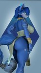 3d_(artwork) 9:16 anthro armor big_butt blue_body blue_fur blue_hair blue_tail breasts butt butt_pose canid canine clothing curvy_figure digital_media_(artwork) dress female fox fur furgonomics gauntlets gloves gold_(metal) gold_jewelry gradient_background hair handwear hi_res jewelry krystal_(star_fox) looking_at_viewer mammal nintendo pose simple_background smile smiling_at_viewer solo source_filmmaker_(artwork) star_fox tail tattoo teal_eyes thevestige thick_thighs tribal tribal_tattoo voluptuous voluptuous_anthro voluptuous_female warfare_krystal warfare_machine white_body white_fur