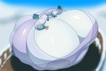 3:2 anthro belly big_belly big_breasts blue_body breasts cleavage clothed clothing container cup eeveelution female generation_4_pokemon gesture glaceon grinex hi_res hot_drink huge_belly huge_breasts huge_thighs hyper hyper_belly hyper_breasts hyper_thighs nintendo pokemon pokemon_(species) snow tea_cup thick_thighs translucent translucent_clothing waving waving_at_viewer