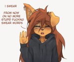 2023 5_fingers anthro apogee_(tinygaypirate) brown_hair canid canine canis clothed clothing dialogue domestic_dog ear_piercing english_text eye_piercing eyes_closed female female_anthro fingers hair half-length_portrait hi_res hoodie inner_ear_fluff long_hair mammal one_ear_up open_mouth piercing portrait profanity raised_hand simple_background solo spitz text tinygaypirate topwear tuft white_background