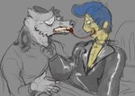 anthro blood bodily_fluids bruised canid canine canis canon_x_oc clothing duo human male mammal oc_x_canon puppy_meats shirt teeth topwear wally_darling welcome_home wolf