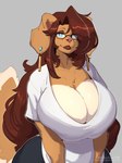 2024 absurd_res anthro big_breasts bird_dog breasts brown_hair canid canine canis cleavage clothed clothing digital_media_(artwork) domestic_dog ear_piercing female fur golden_retriever hair hi_res huge_breasts hunting_dog inu-sama lips long_hair mammal mature_female piercing retriever rhoda_(the_dogsmith) simple_background solo thick_bottom_lip topwear