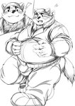 absurd_res anthro asakura_kento bandanna biped blush bulge canid canine canis detailed_bulge domestic_dog eyebrows hi_res kerchief lifewonders line_art live_a_hero male male_anthro mammal mokdai monochrome overweight plantigrade solo thick_eyebrows