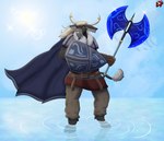 anthro armor axe barefoot beard belt belt_buckle blonde_hair blue_sky bottomwear bovid bovine brown_bottomwear brown_clothing brown_pants buckle cape clothing cloud countershade_face countershading double_bitted_axe enchanted_weapon eye_scar facial_hair facial_scar feet fur gauntlets gloves greataxe grey_body grey_fur hair handwear hi_res holding_axe holding_object holding_shield holding_weapon hooves horn horn_jewelry horn_ring inner_ear_fluff jewelry kite_shield light long_hair loredump_in_description male mammal mature_male metal_shield orange_eyes outside pants partially_submerged red_clothing ring_(jewelry) scar seascape shield shoulder_pads sky skyscape smile solo story story_in_description stylish_apollo submerged_feet sun sunlight tail true_buffalo tuft water water_buffalo weapon wheat wheat_in_mouth xander_dorwin