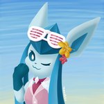 1:1 ;3 accessory anthro artist_name beach_style_glaceon blue_body blue_eyes blue_fur clothing dexstnc eeveelution eyewear eyewear_on_head female flower flower_in_hair fur generation_4_pokemon glaceon glasses glasses_on_head gloves_(marking) hair hair_accessory hi_res holowear_(pokemon) looking_at_viewer markings nintendo one_eye_closed paws pink_clothing plant pokemon pokemon_(species) pokemon_unite shutter_shades solo sunglasses sunglasses_on_head water wink winking_at_viewer