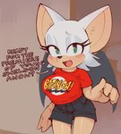 anthro bat big_breasts blush breasts clothed clothing digital_drawing_(artwork) digital_media_(artwork) female glistening_eyelids green_eyes lidded_eyes mammal membrane_(anatomy) membranous_wings rouge_the_bat sega shaded shirt solo sonic_the_hedgehog_(series) text text_on_clothing text_on_shirt text_on_topwear the_big_bang_theory topwear wamudraws wings