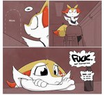 2018 4_fingers alcohol anthro arm_tuft beverage border braixen cheek_tuft chest_tuft clothed clothing comic crossed_arms dialogue dipstick_tail ears_down english_text eyebrows facial_tuft female female_anthro fingers fur generation_6_pokemon inner_ear_fluff lol_comments mammal markings multicolored_tail nintendo open_mouth orange_body orange_fur orange_nose pivoted_ears pokemon pokemon_(species) profanity raised_inner_eyebrows red_tail_tip sad shoulder_tuft shoutingisfun solo tail tail_markings text thought_bubble tuft white_body white_border white_fur yellow_body yellow_fur yellow_tail