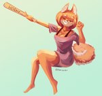 2021 4_fingers amizziko anthro barefoot baseball_bat bat_(object) blonde_hair bludgeon_(weapon) breasts butterscotch_(peargor) canid canine canis cleavage clothed clothing curled_tail domestic_dog english_text eyebrow_through_hair eyebrows eyes_closed feet female fingers fluffy fluffy_tail full-length_portrait fur go_to_horny_jail green_background hair hi_res holding_object holding_weapon horny_bat humanoid_feet humanoid_hands mammal melee_weapon meme multicolored_body multicolored_fur pink_clothing plantigrade portrait pose raised_arms shaded shiba_inu short_hair signature simple_background sitting smile solo spitz tail text toes translucent translucent_hair two_tone_body two_tone_fur weapon white_body white_fur yellow_body yellow_fur